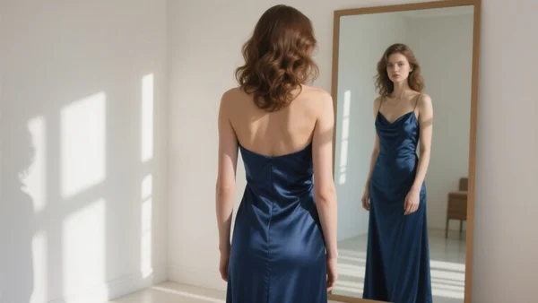Femme portant une robe de soirée longue en satin bleu nuit, debout devant un miroir dans une chambre lumineuse, vue en pied de dos se regardant, l'ambiance est chic et accessible