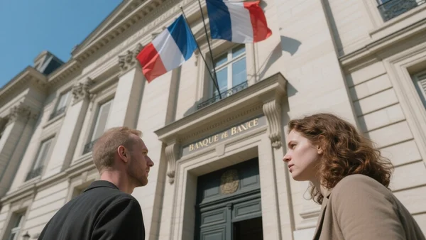Façade austère de la Banque de France à Paris, avec des drapeaux français flottant au vent, des passants devant l'entrée, vue en contre-plongée, l'image doit communiquer un sentiment de sérieux institutionnel et d'optimisme prudent.