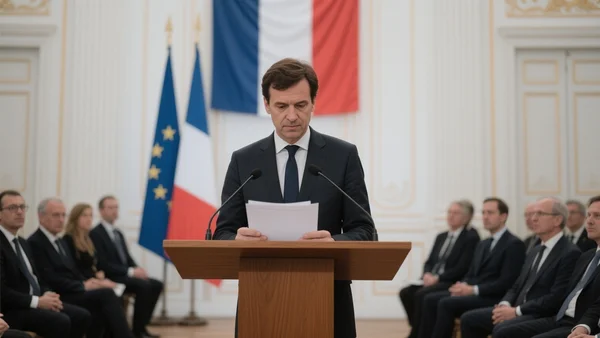 Premier ministre Sébastien Lecornu debout devant un pupitre à Matignon, entouré de ministres et hauts fonctionnaires en costume, lisant un discours, salle officielle avec drapeaux français et européens en arrière-plan, captant l'instant politique solennel de l'annonce du plan d'électrification.