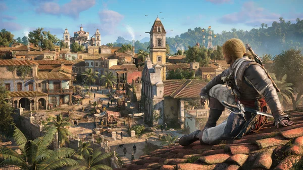 Capture d'écran d'Assassin's Creed IV: Black Flag : Edward Kenway sur un toit avec vue sur une ville coloniale.