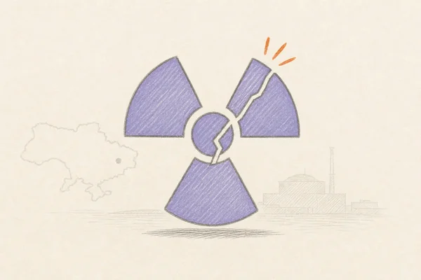 Illustration symbolisant un danger nucléaire avec un symbole de radiation endommagé.