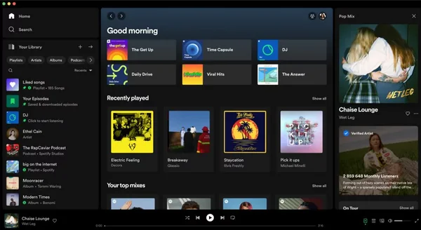 Nouvelle interface de Spotify sur Windows, montrant l'écran d'accueil avec des playlists et des albums.