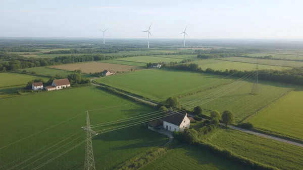 Vue aérienne d'un paysage rural français avec des lignes électriques et des éoliennes au loin, champs verdoyants et petites maisons, illustrant le contraste entre les infrastructures existantes et les territoires à électrifier en priorité, ton sérieux et prospectif.