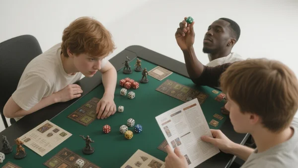 Groupe de personnes assises autour d'une table de jeu, dés, feuilles de personnage et figurines posés devant elles, ambiance concentrée et animée, vue plongeante sur la table