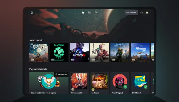 Tableau de bord Xbox montrant des jeux récents et des options de navigation.