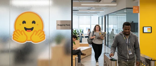 Bureau de l'entreprise Hugging Face, avec son logo et des employés en activité.