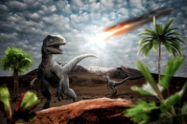 Illustration artistique de dinosaures observant une météorite traverser le ciel, rappelant l'événement de l'extinction du Crétacé.