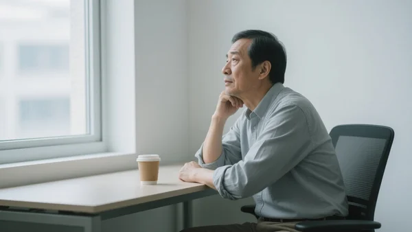 Plan moyen d'un homme d'une cinquantaine d'années en tenue de travail décontractée, assis seul à son bureau, regard pensif vers la fenêtre, une tasse de café à côté de lui, intent : illustrer le portrait-robot du salarié cadre senior le plus concerné par les ruptures conventionnelles, ton introspectif et réaliste.