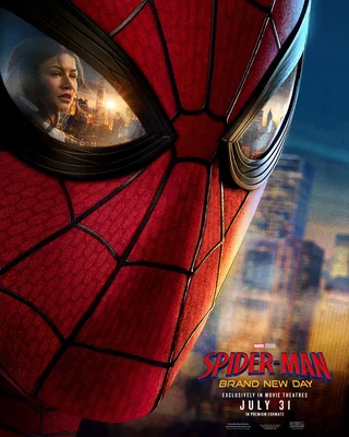 Poster officiel de Spider-Man: Brand New Day avec le reflet de Zendaya dans l'œil du masque.