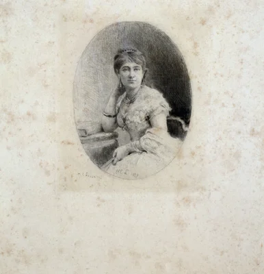 Portrait de Juliette Adam (1836-1936), co-autrice de l'album, gravé par Henri-Emile Lessore en 1879.