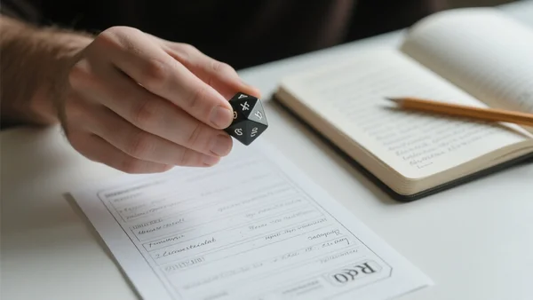 Main posant un dé à vingt faces sur une feuille de personnage manuscrite, à côté d'un carnet ouvert et d'un crayon, composition serrée, plan rapproché