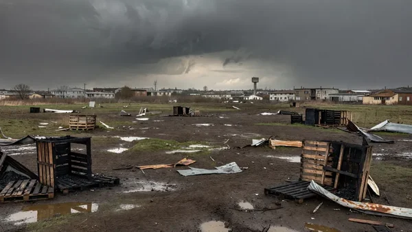Terrain du bidonville de Stains après le démantèlement, avec des immeubles en arrière-plan.