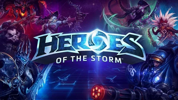 Collage promotionnel de héros de Heroes of the Storm entourant le logo du jeu, avec un marine et un démon rouge.