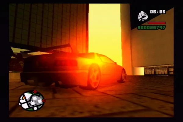 Une voiture de sport au lever du soleil dans GTA San Andreas sur PlayStation 2.