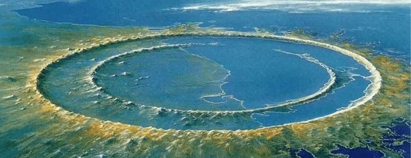 Représentation artistique du cratère de Chicxulub, site de l'impact de l'astéroïde qui a causé l'extinction des dinosaures.