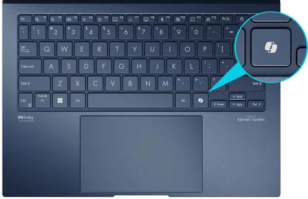 Clavier d'un ordinateur portable HP bleu avec mise en évidence de la touche du lecteur d'empreintes.