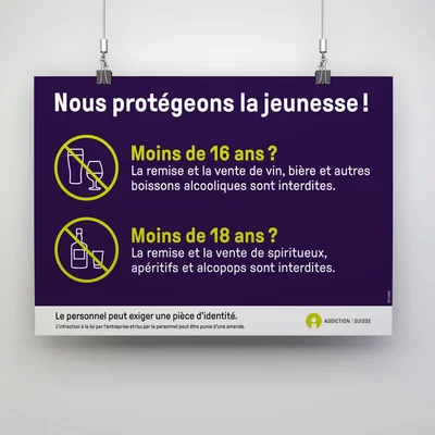 Panneau suisse pour la protection de la jeunesse concernant la vente d'alcool (limites d'âge 16 et 18 ans).