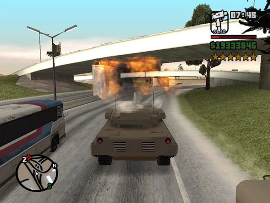 Un char ouvre le feu sous un échangeur autoroutier dans GTA San Andreas.
