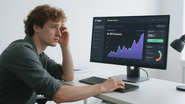 Un développeur assis à un bureau moderne, regardant un écran d'ordinateur affichant un tableau de bord Stripe avec des graphiques de coûts d'API IA en hausse, expression préoccupée, vue de trois quarts