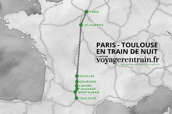 Carte du trajet du train de nuit Paris-Toulouse avec les arrêts intermédiaires, réalisée par voyagerentrain.fr.
