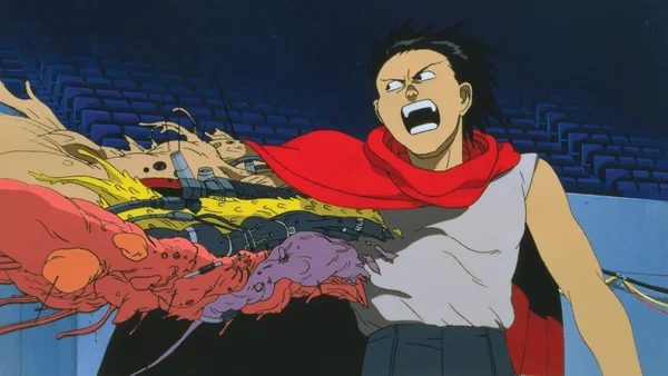 Tetsuo Shima en pleine mutation douloureuse dans Akira, stade vide en arrière-plan