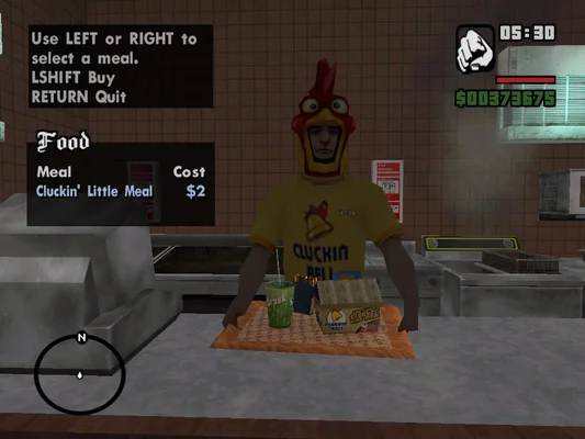 Le menu du restaurant Cluckin’ Bell dans GTA San Andreas.