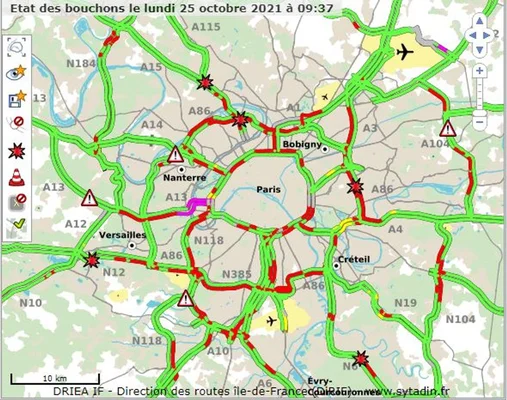 Carte du trafic en Île-de-France montrant les conditions de circulation, en lien avec les fermetures de tunnels.