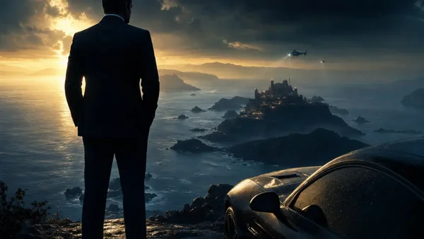 Vue d'un personnage en costume sur une falaise, évoquant l'ambiance d'un jeu James Bond.