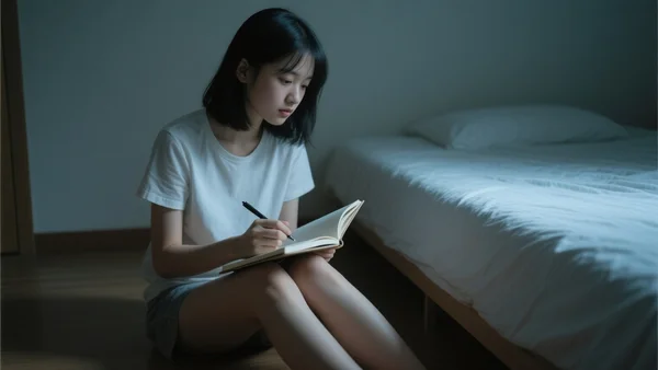 Adolescente assise en tailleur sur le sol d'une chambre faiblement éclairée, tenant un carnet ouvert et un stylo, le regard tourné vers un lit vide, atmosphère intime et mélancolique