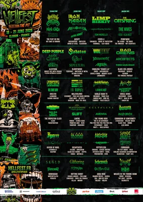 Affiche du Hellfest 2026 présentant la programmation des groupes par journée et par scène.