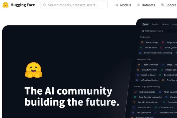 Page d'accueil du site web Hugging Face, avec son slogan communautaire.
