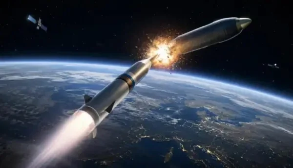 Illustration d'une interception exoatmosphérique d'un missile balistique par un intercepteur, avec la Terre en arrière-plan.