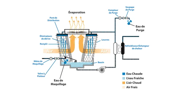 Schéma de fonctionnement d'une tour de refroidissement évaporative, avec les flux d'eau et d'air.
