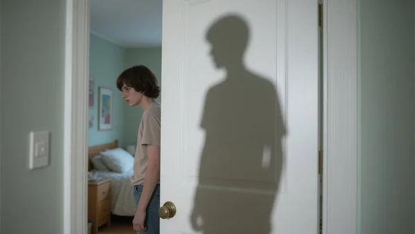 Ombre floue d'une silhouette humaine se dessinant dans l'embrasure d'une porte de chambre d'ado, vue de l'intérieur de la pièce, créant une tension silencieuse et une présence invisible mais tangible