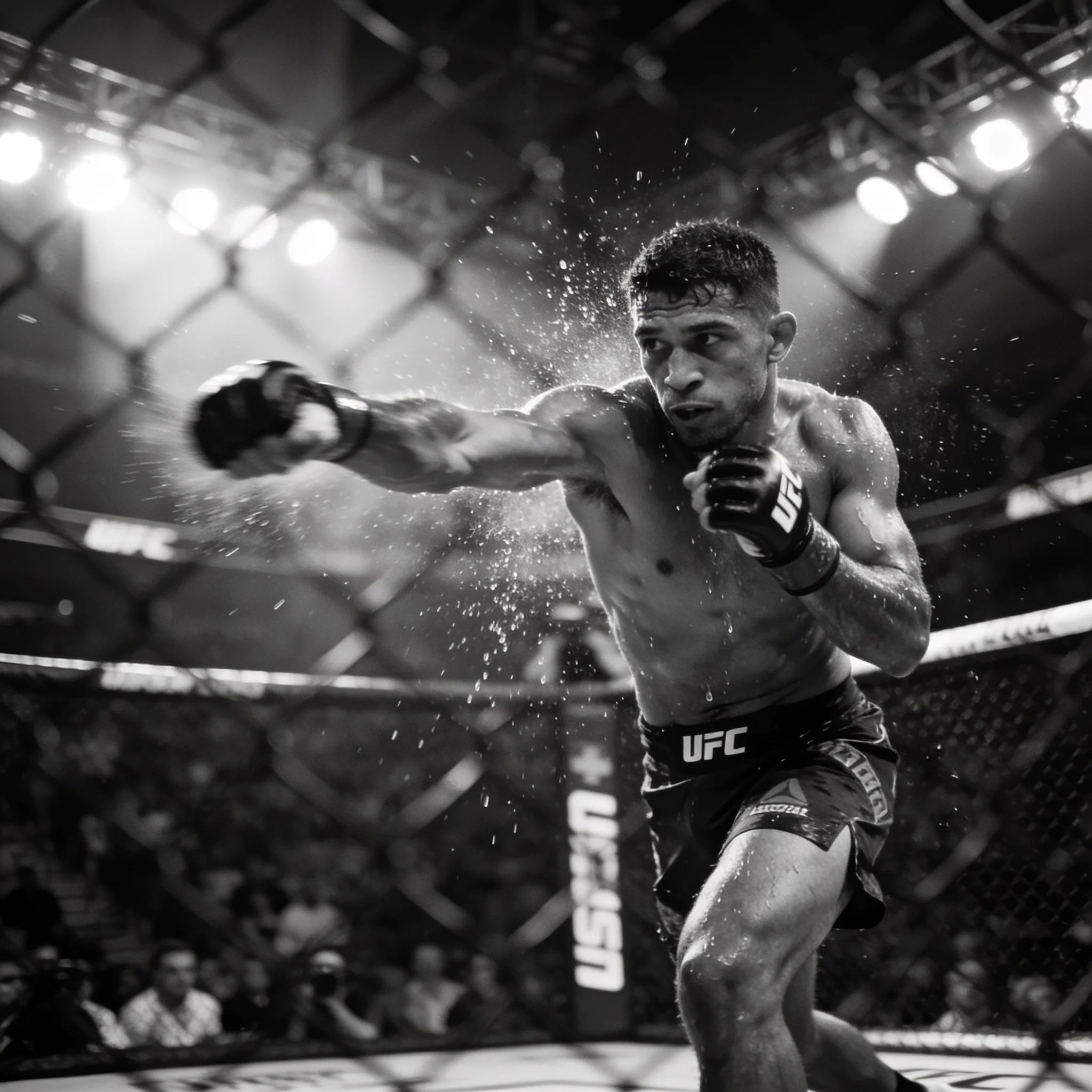 Diego Lopes fighting dynamically in the UFC Octagon.