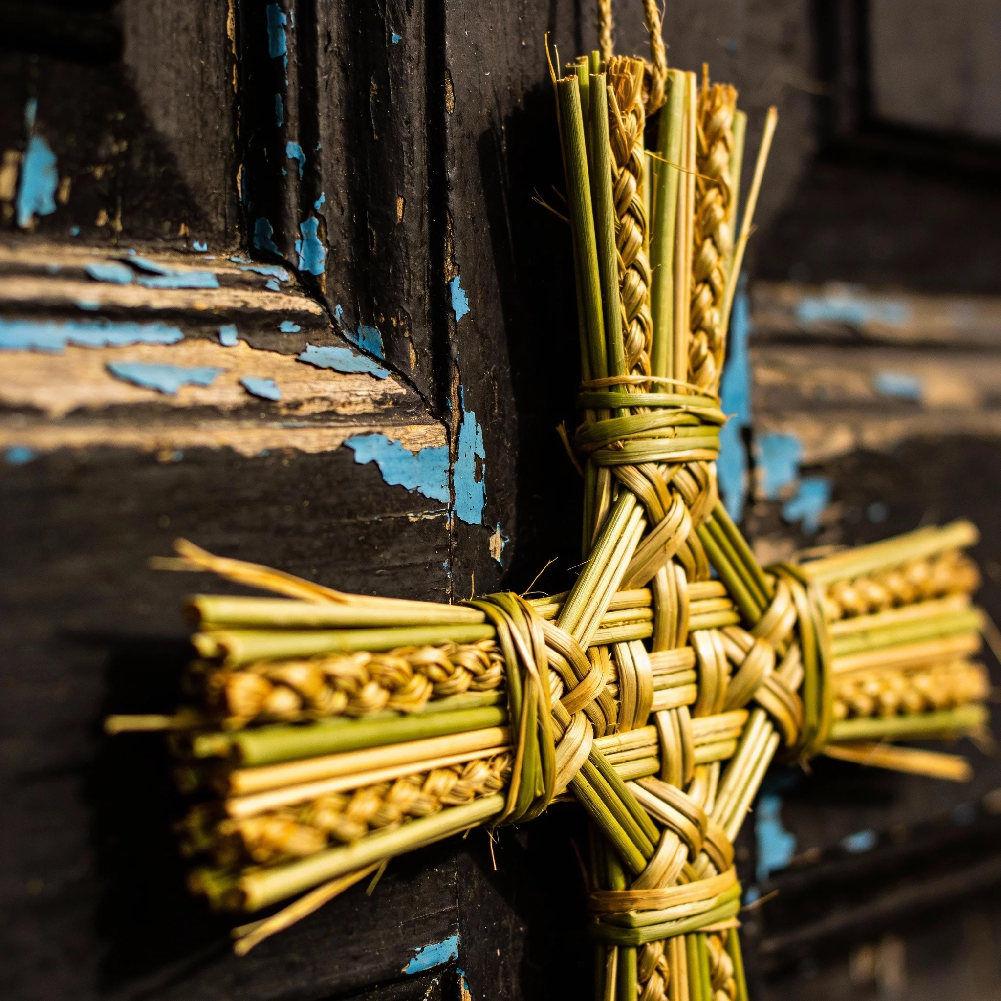 Close up of a woven St. Brigid's cross hanging on a wooden door.