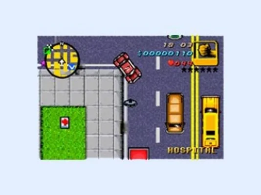 Capture d'écran de Grand Theft Auto Advance montrant une vue de dessus d'une scène de rue avec des véhicules, une entrée d'hôpital et l'interface HUD du jeu (minicarte et statistiques).