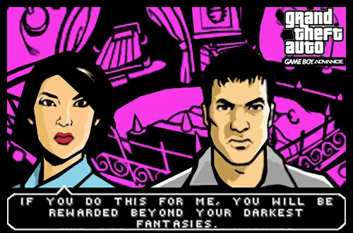 Capture d'écran de Grand Theft Auto Advance montrant deux personnages au premier plan devant un fond violet stylisé, avec une boîte de dialogue en bas.