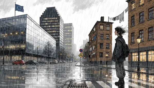 Illustration éditoriale montrant le contraste entre le quartier européen de Bruxelles (bâtiments institutionnels, drapeaux de l'UE) et les quartiers populaires (immeubles de logements sociaux, Molenbeek/Schaerbeek), avec un jeune en premier plan portant un sac à dos, regard pensif. Ambiance urbaine, ciel nuageux, style illustration éditoriale.