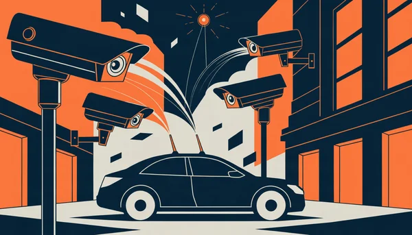 Illustration stylisée d'une rue de ville au crépuscule : des caméras de surveillance sur poteaux et façades surplombent une voiture moderne équipée d'antennes, avec de fins faisceaux lumineux reliant la voiture et les caméras à un petit point lumineux dans le ciel.