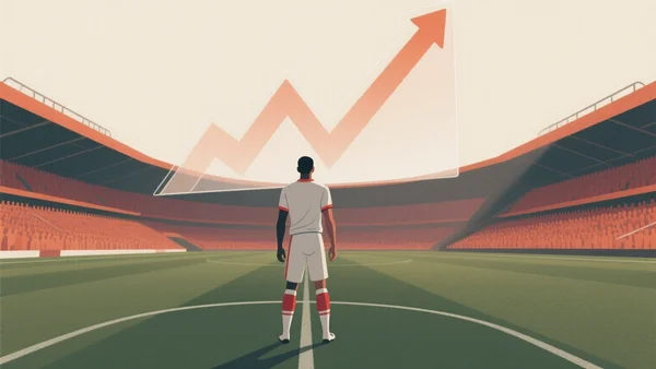 Un joueur de football se tient seul au centre d'un stade plongé dans la pénombre, entouré de piliers translucides reliés par des lignes lumineuses, évoquant le calcul des valeurs de transfert du mode Carrière de FC 27.