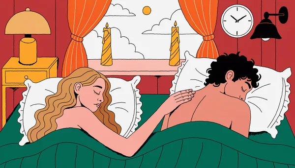 Deux partenaires nus dans un lit. L'un tend la main vers l'autre, qui se détourne avec une expression calme de perte de désir. Le drap couvre leurs corps jusqu'à la taille.