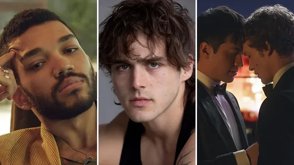Montage de trois images : portrait de Justine Skye, portrait de Miles Heizer, et scène de film avec deux hommes en smoking