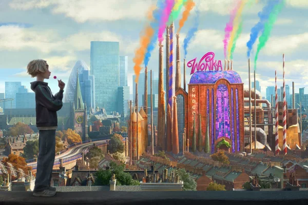 Illustration promotionnelle du film 'Wonka' montrant un jeune garçon blond mangeant une sucette, contemplant une fabrique de chocolat fantastique émettant une fumée arc-en-ciel sur fond de ciel londonien.