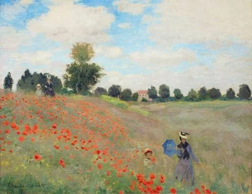 Tableau impressionniste de Claude Monet, « Les Coquelicots » (1873), représentant un champ de coquelicots rouges sous un ciel nuageux, avec une femme tenant une ombrelle bleue et un enfant marchant dans le paysage.