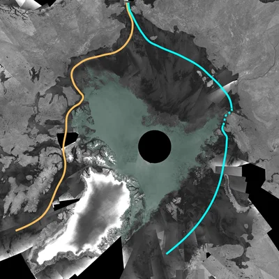 Mosaïque satellite de l'océan Arctique réalisée par Envisat en septembre 2007, montrant un cercle noir central pour le pôle et des lignes colorées indiquant le passage du Nord-Ouest ouvert et le Nord-Est partiellement bloqué, sur fonds gris et vert.