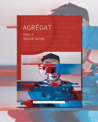 Affiche promotionnelle du recueil de poésie "Agrégat" de Nassim Kezoui, présentant un portrait stylisé en art glitch et le titre en français