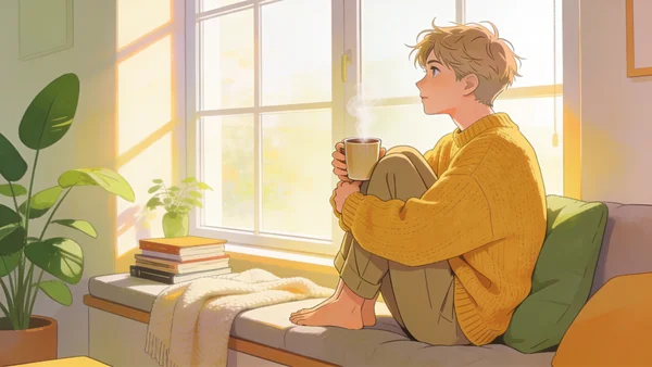 Un·e jeune adulte à l'allure androgyne, assis·e sur une banquette près d'une grande fenêtre, une tasse fumante entre les mains, le regard paisible tourné vers l'extérieur. L'illustration évoque l'introspection sereine derrière la question "suis-je asexuel·le ou est-ce une baisse de libido ?", sans souffrance ni angoisse.