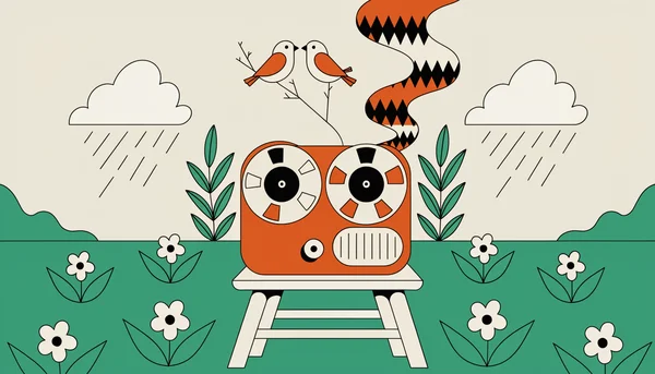 Illustration éditoriale en aplats montrant un magnétophone à bande vintage des années 1950 posé sur un petit tabouret en bois dans une prairie suédoise, deux petits oiseaux perchés sur une branche fine au-dessus, et une onde sonore stylisée s'échappant du haut-parleur et dessinant une forme abstraite de bouche et de voix, vue de trois quarts à hauteur des yeux.