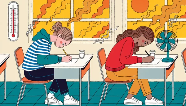 Illustration éditoriale en aplats montrant deux lycéens en train de composer l'examen du bac dans une salle de classe surchauffée à plus de 35°C, assis à leurs tables d'examen sous un soleil écrasant entrant par les fenêtres, avec thermomètre mural et ventilateur visibles, vue en légère plongée frontale.